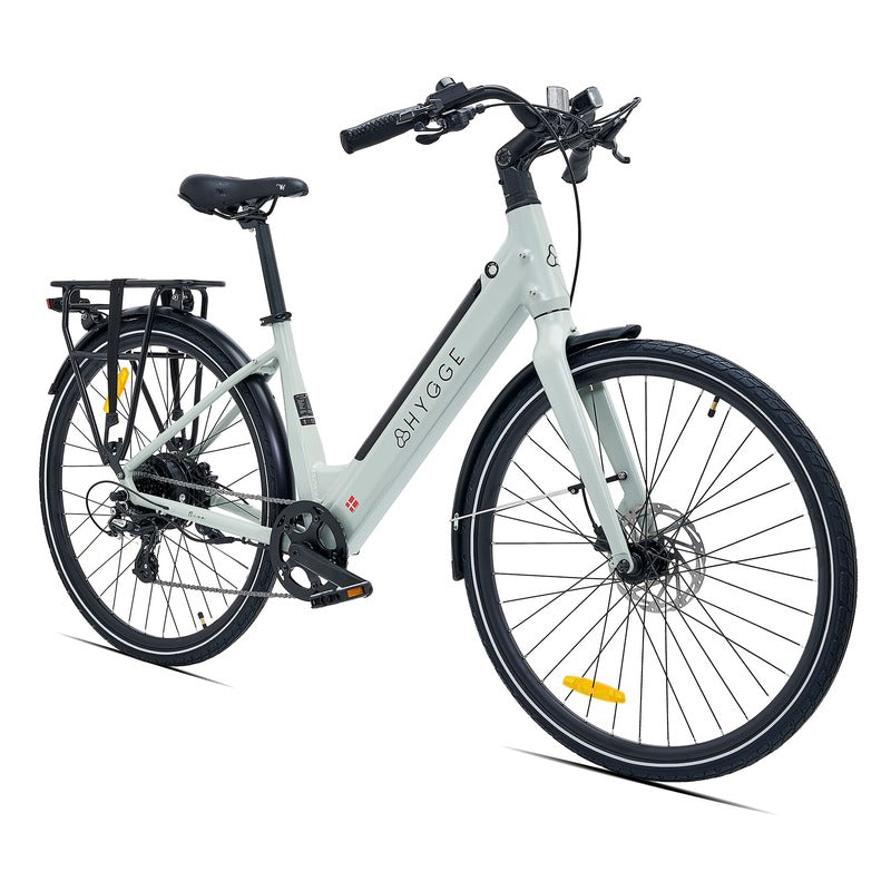 Hygge Nivo grey electric bike with black details on a white background
