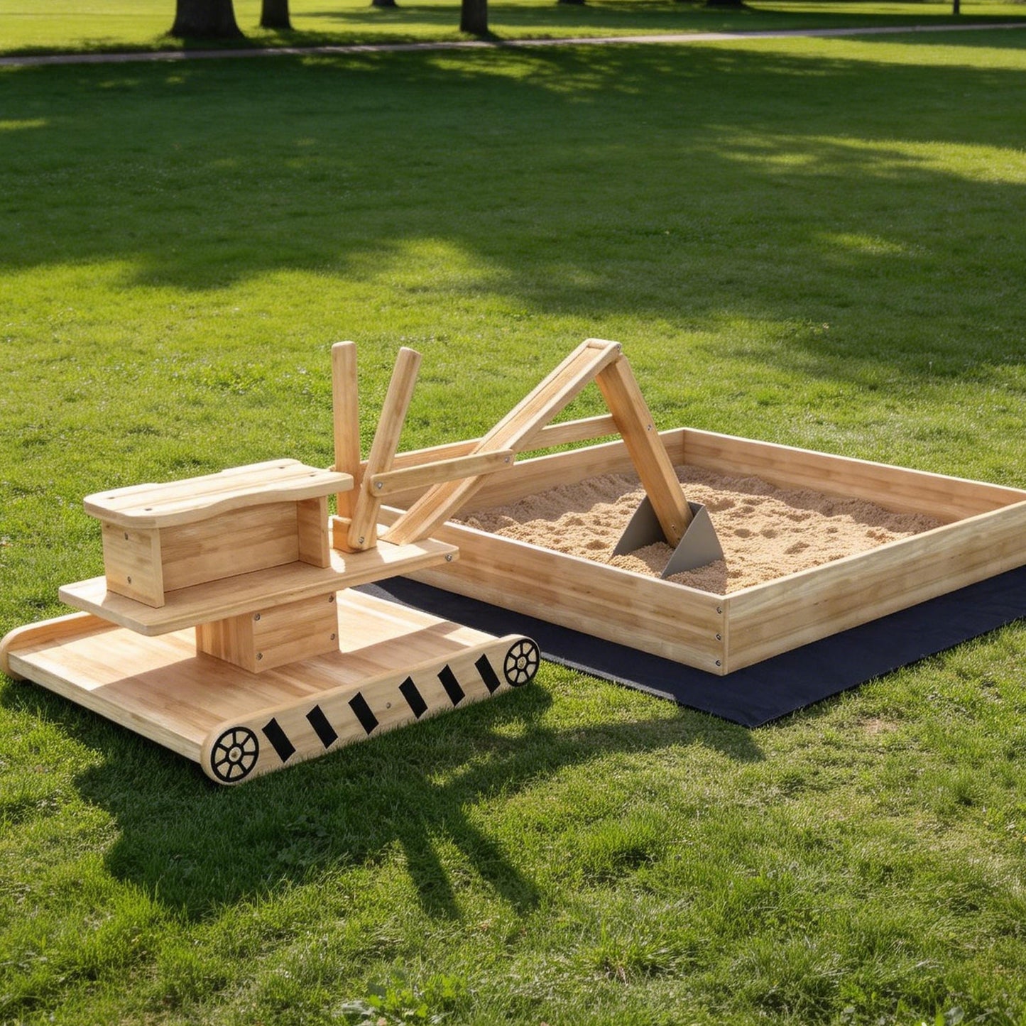 AIYAPLAY Wooden Sand Pit with Digger, Kids Sandbox Outdoor, SandPit with 360 Swivel Seat and Bottom Liner