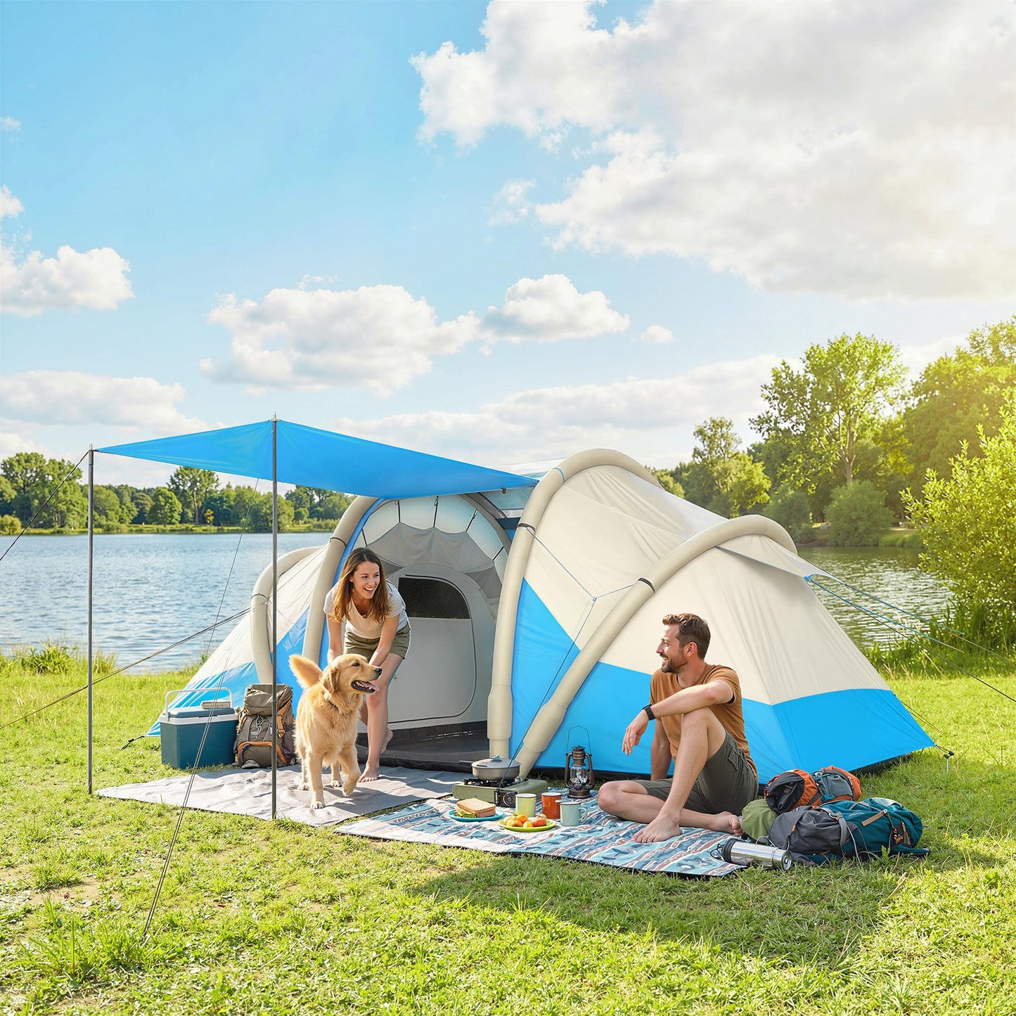 Outsunny Inflatable Tent 2 Bedroom 3000mm Waterproof Windproof Air Tent with Carry Bag for 4 Person