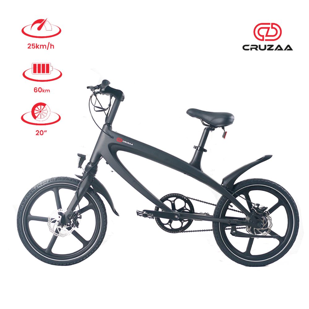 Black bicycle with Cruzaa branding and specifications on a white background
