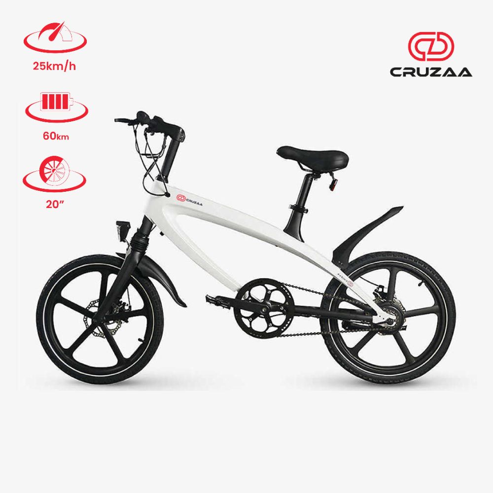 White bicycle with black details on a white background, featuring Cruzaa branding.