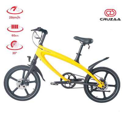 Yellow bicycle with Cruzaa branding on a white background