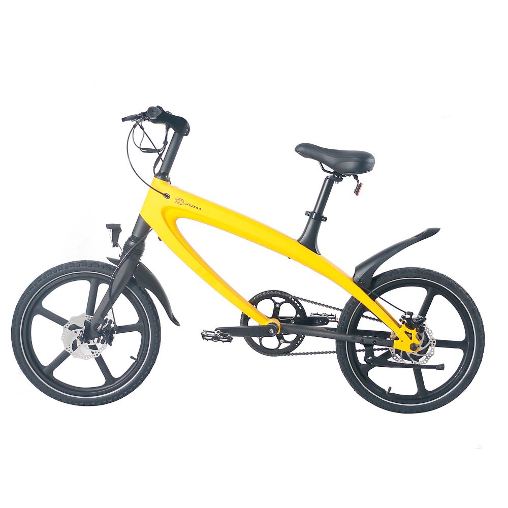 Cruzaa City e-bike solarbeam yellow with black frame and components on a white background