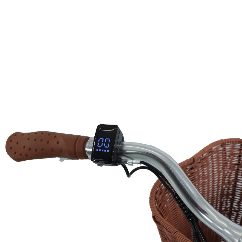 Dawes Elegance LCD display on handlebar with brown grips on a white background