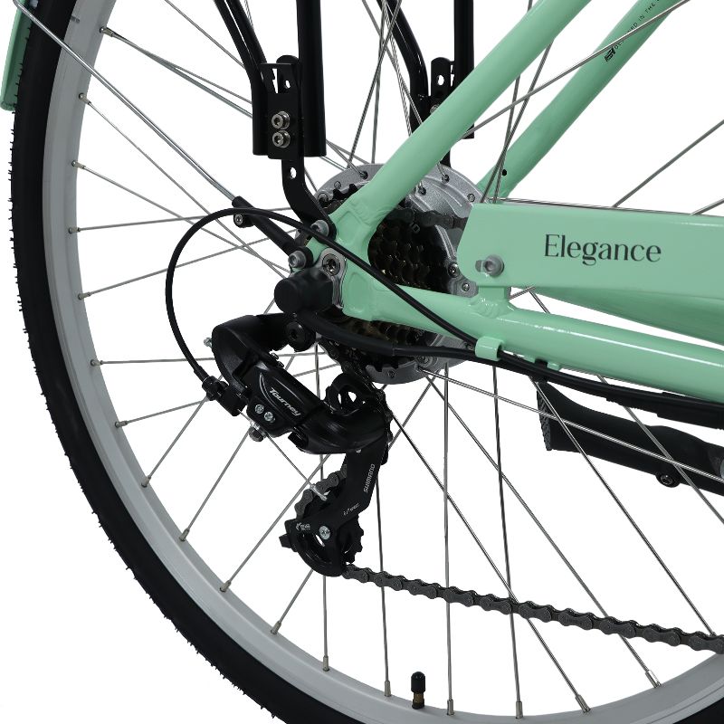 Dawes Elegance rear derailleur and cassette Close-up with 'Elegance' branding on a white background