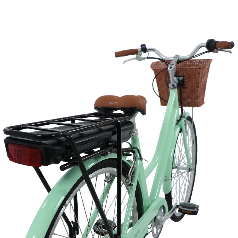 Dawes Elegance rear view with a brown basket and black rack on a white background