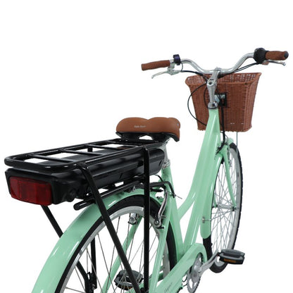 Dawes Elegance rear view with a brown basket and black rack on a white background