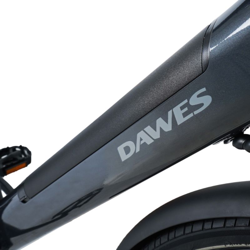 Dawes Scenic Crossbar ebike integrated battery Close-up with 'DAWES' branding on a white background
