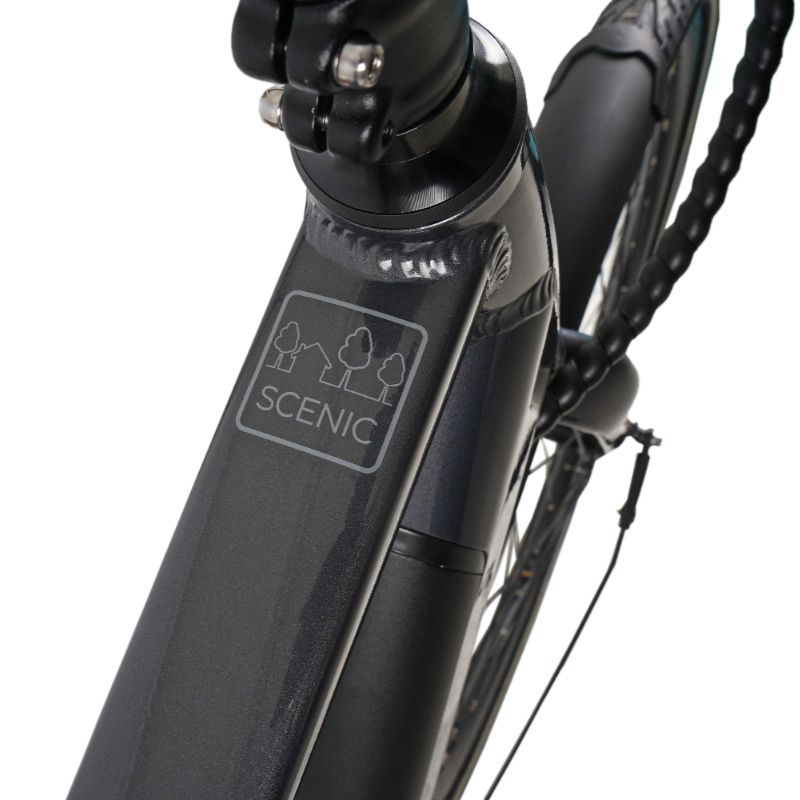 Dawes Scenic Crossbar ebike Close-up of 'Scenic' branding on a white background