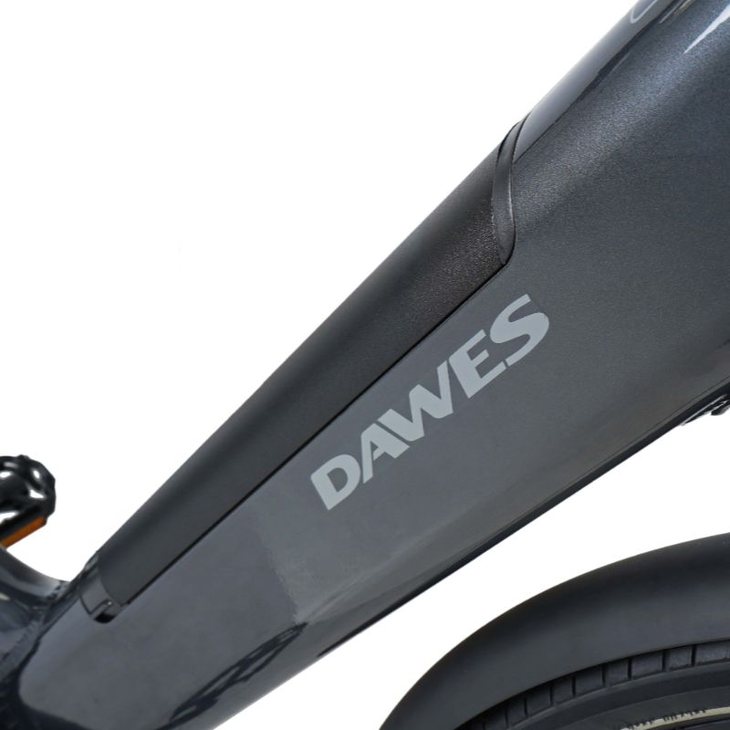 Dawes Scenic Low Step e-bike integrated battery Close-up with 'DAWES' branding on a white background
