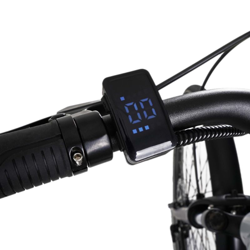 Falcon Horizon Cross Bar Hybrid e-bike LCD display on handlebar with a white background