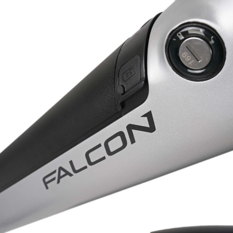 Falcon Horizon Cross Bar Hybrid e-bike integrated battery lock Close-up with 'Falcon' branding on a white background