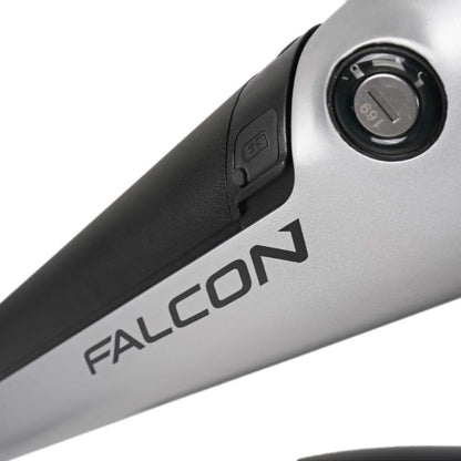 Falcon Horizon Cross Bar Hybrid e-bike integrated battery lock Close-up with 'Falcon' branding on a white background
