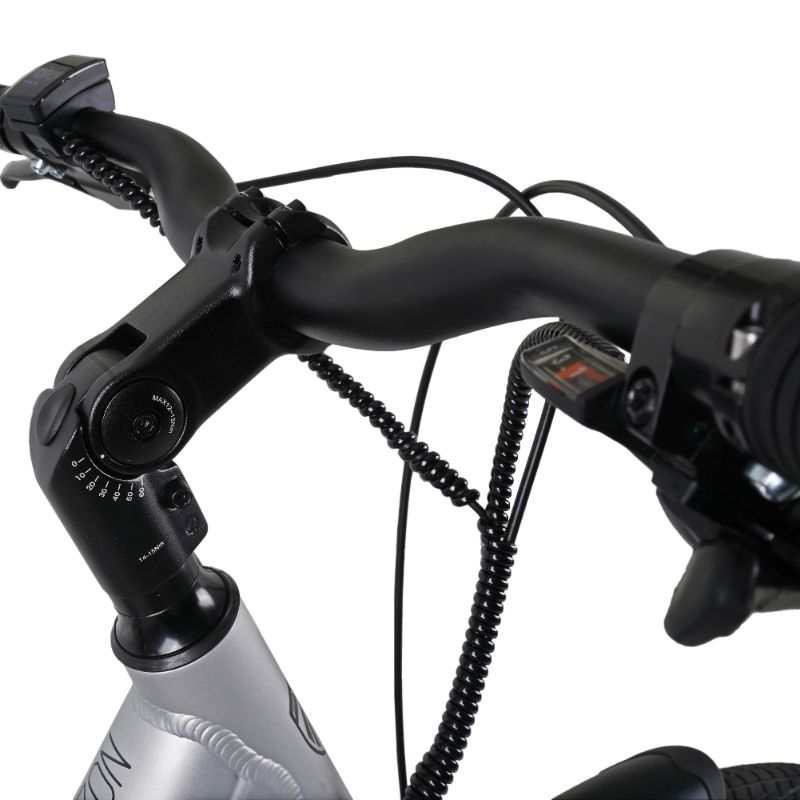 Falcon Horizon Low Step e-bike adjustable handlebar Close-up with brake lever and gear shifter on a white background