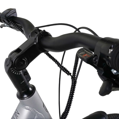 Falcon Horizon Low Step e-bike adjustable handlebar Close-up with brake lever and gear shifter on a white background