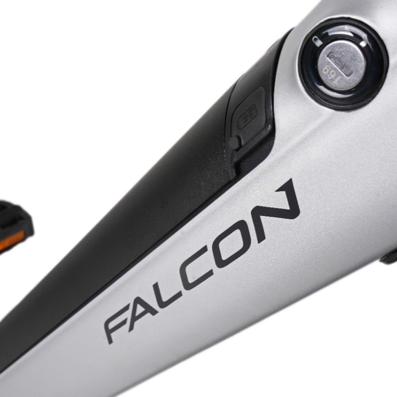 Falcon Horizon Low Step e-bike integrated battery lock Close-up with 'Falcon' branding on a white background