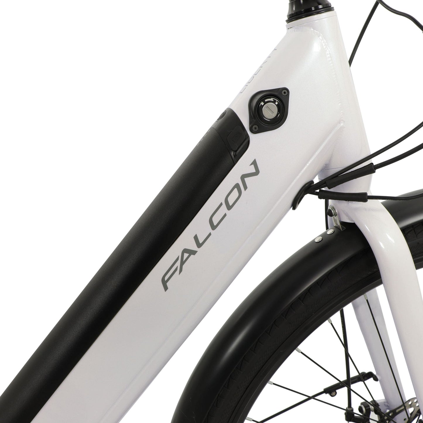 Falcon Liberty Hybrid integrated battery with lock Close-up with 'Falcon' branding on a white background