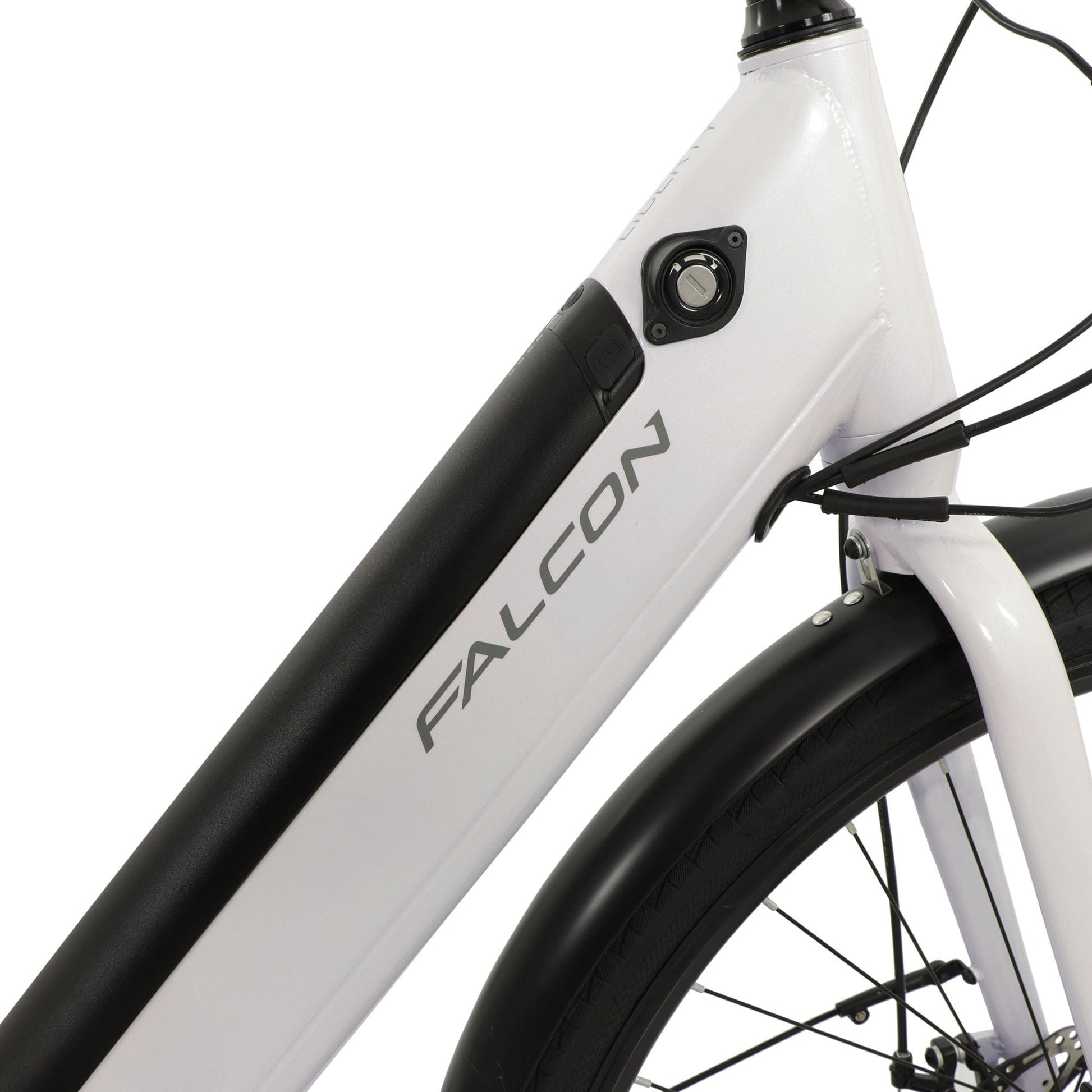 Falcon Liberty Hybrid integrated battery with lock Close-up with 'Falcon' branding on a white background