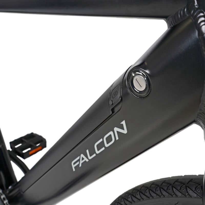 Falcon Zone Hybrid e-bike integrated battery lock Close-up with 'FALCON' branding on a white background