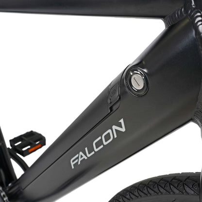 Falcon Zone Hybrid e-bike integrated battery lock Close-up with 'FALCON' branding on a white background