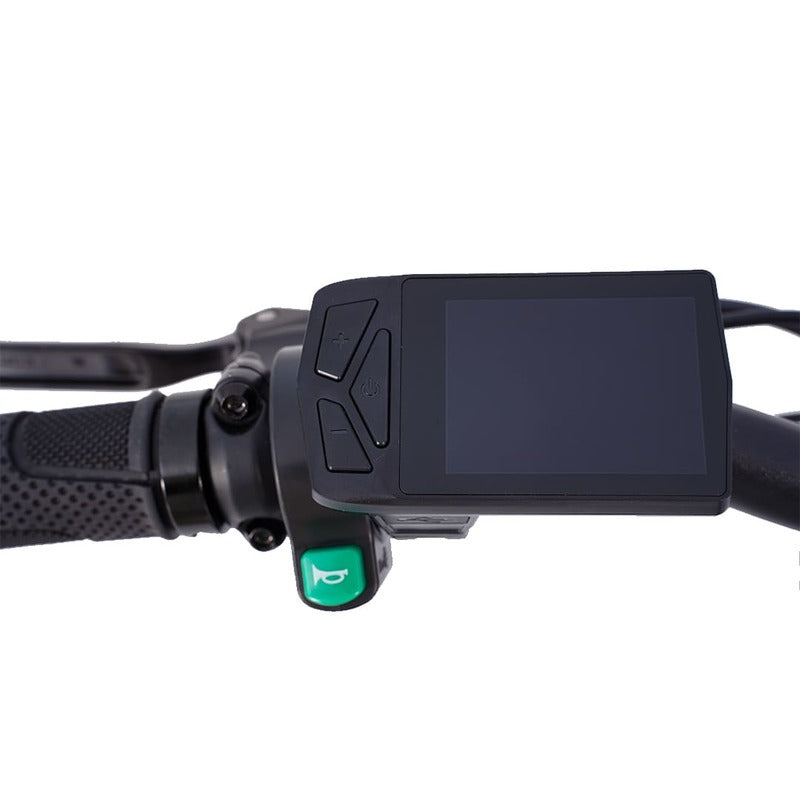 Hygge Soro Close-up of a handlebar with LCD control panel and green button on a white background