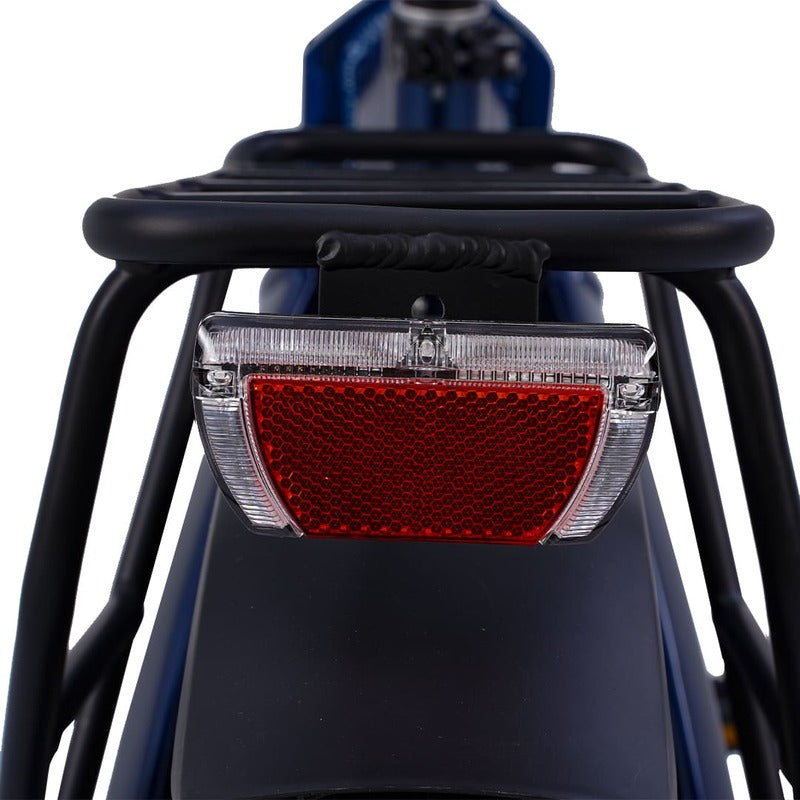 Hygge Soro  Red bicycle tail light attached to a black bike rack on a white background