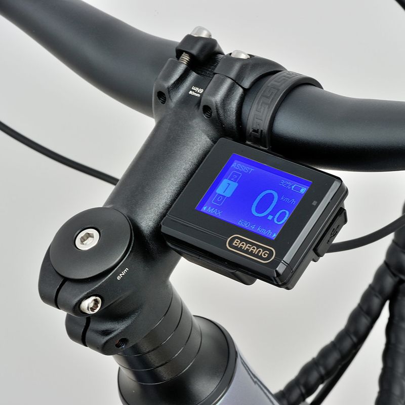 Revom M1 eMTB LCD display and Bafang brand logo on a grey background