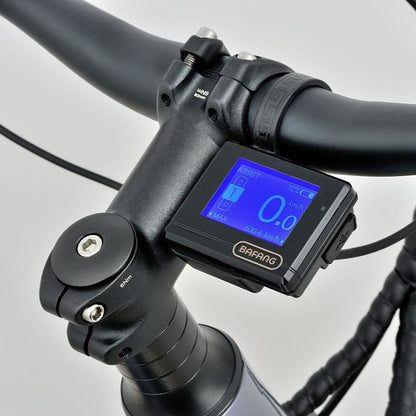 Revom M1 eMTB LCD display and Bafang brand logo on a grey background