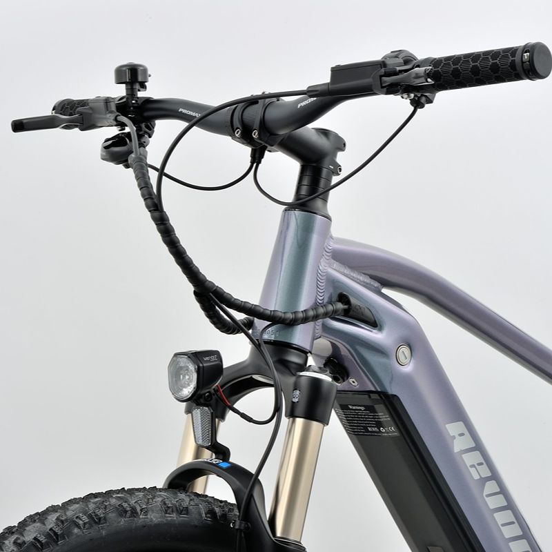 Revom M1 eMTB Close-up of handlebar and front suspension fork on a grey background