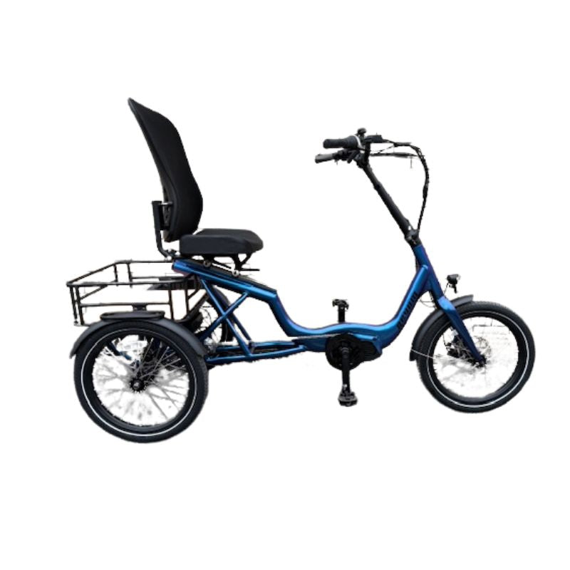 Revom T4 Blue tricycle with a seat and basket on a white background