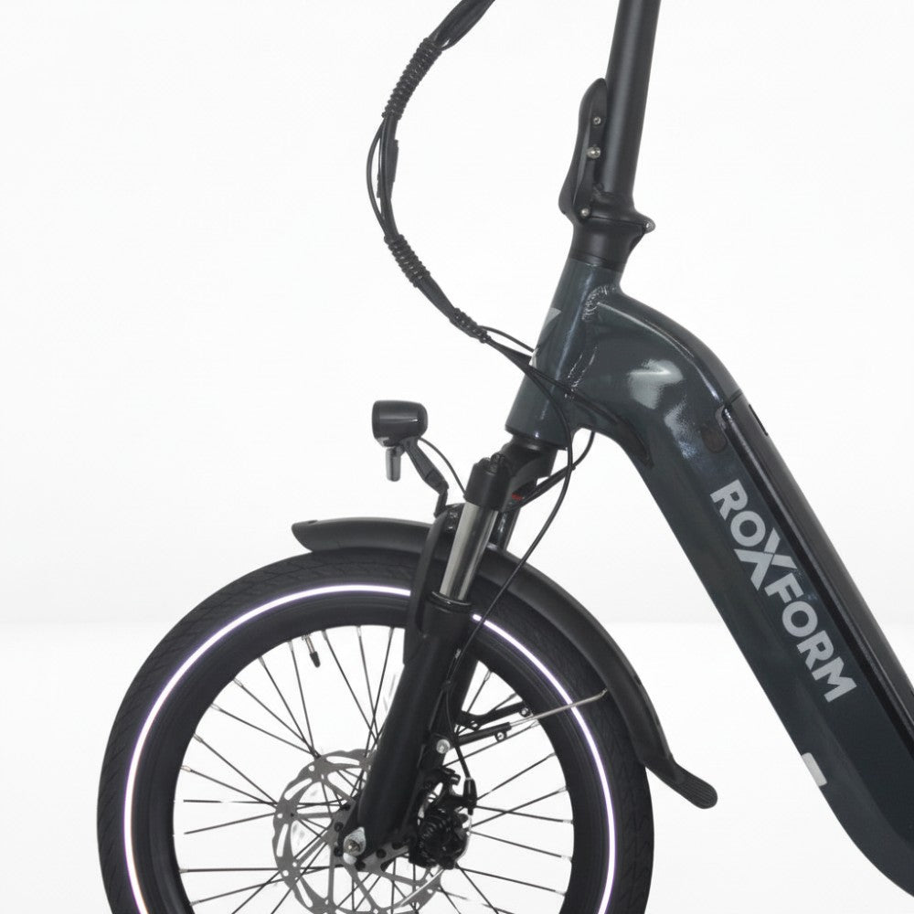 Roxform-Plico-folding-ebike-front-light-and-suspension Close-up on a white background