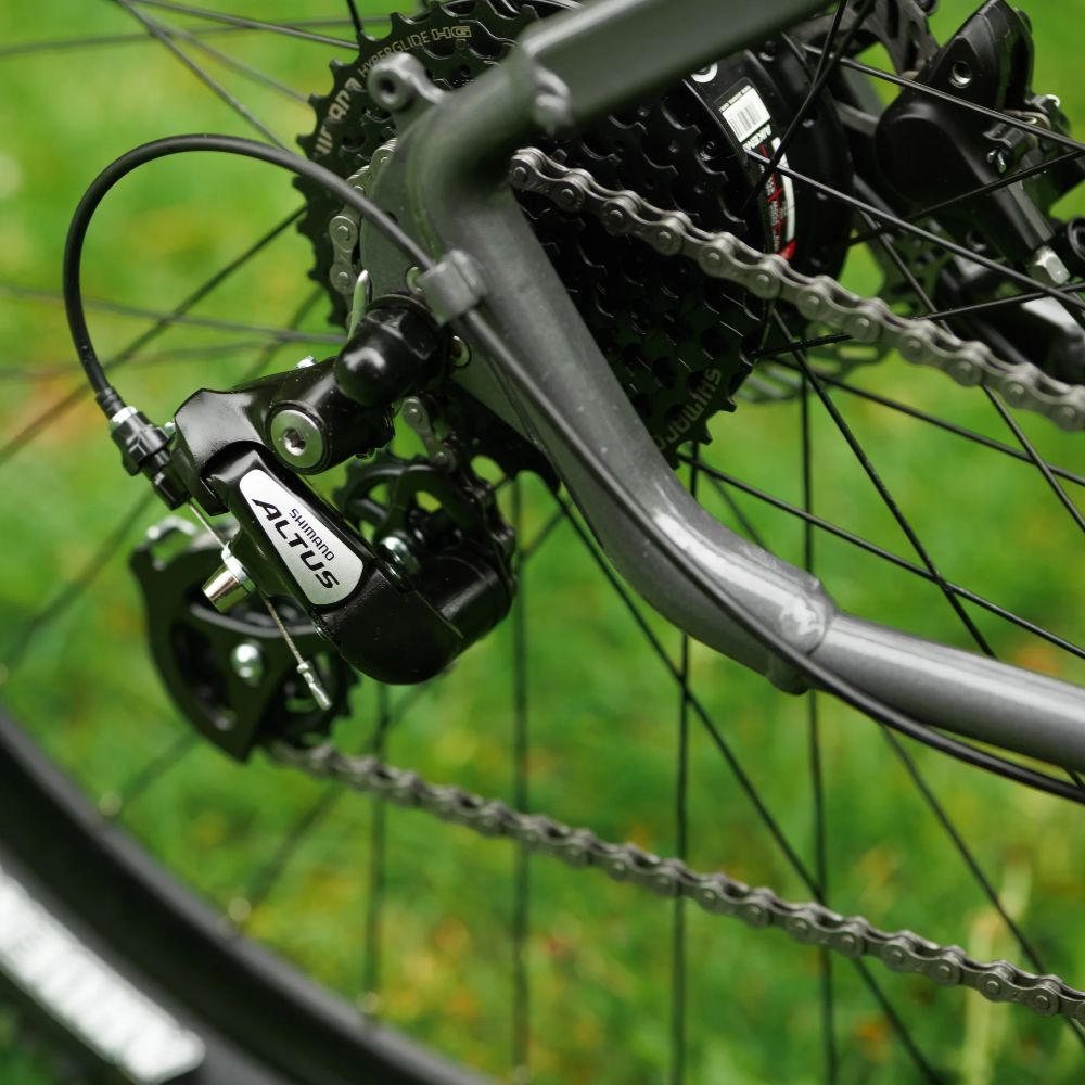 Roxform Gravion crossroad eMTB Altus gear system Close-up with a blurred green background
