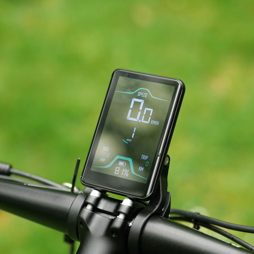 Roxform Gravion crossroad eMTB display on handlebar with a green blurred background