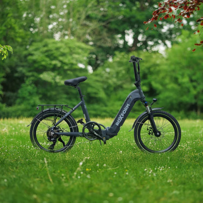 Roxform Plico folding ebike grey on grass with trees in the background