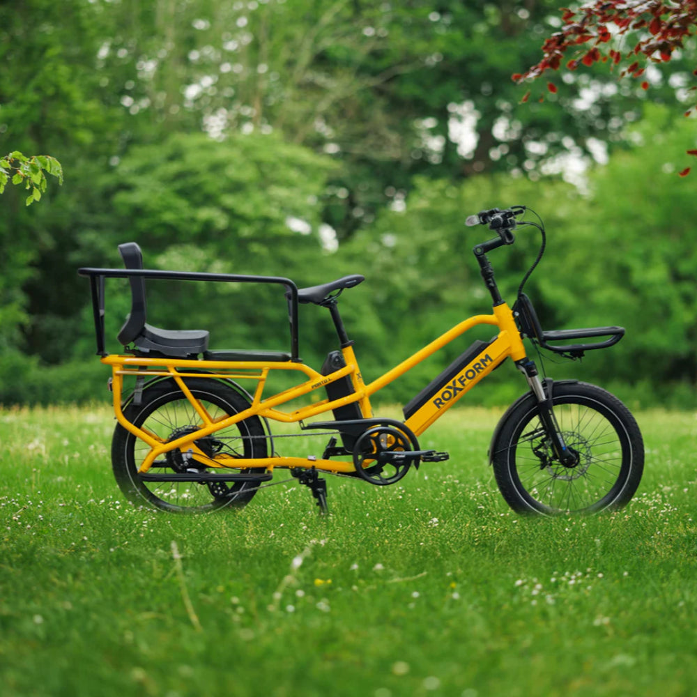 Roxform Porto L yellow with caboose side view on a grassy field