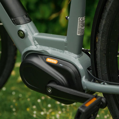 Roxform_Stride_L_e-bike Bafang mid motor Close-up on a blurred green background