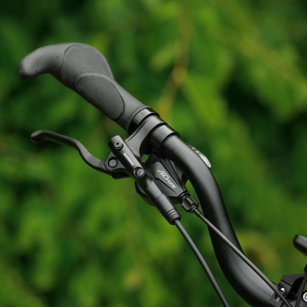 Roxform Stride L e-bike brakes lever Close-up with blurred green background