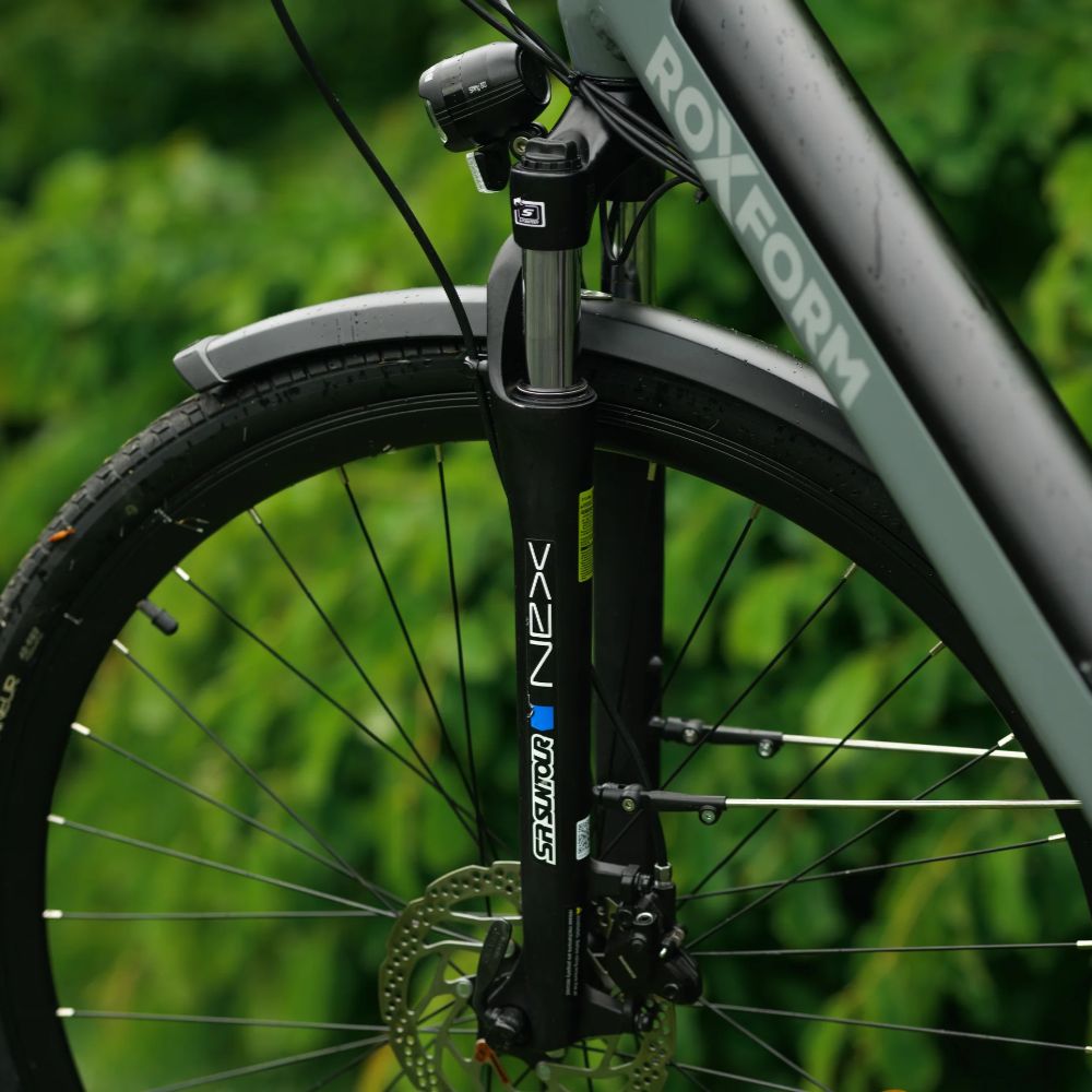 Roxform Stride L e-bike suspension fork against a blurred green background
