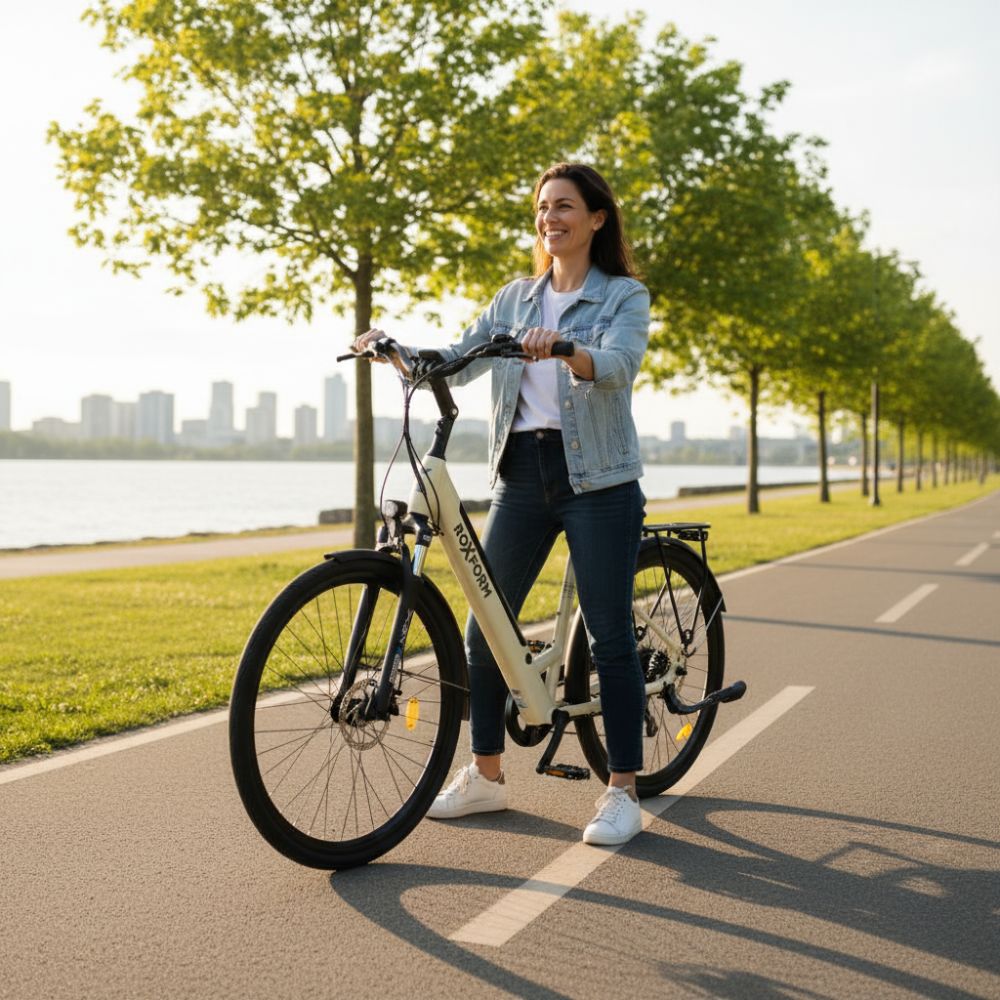 Roxform Stride S e-bike lifestyle image Woman standing next to a bicycle on a path with trees and water in the background