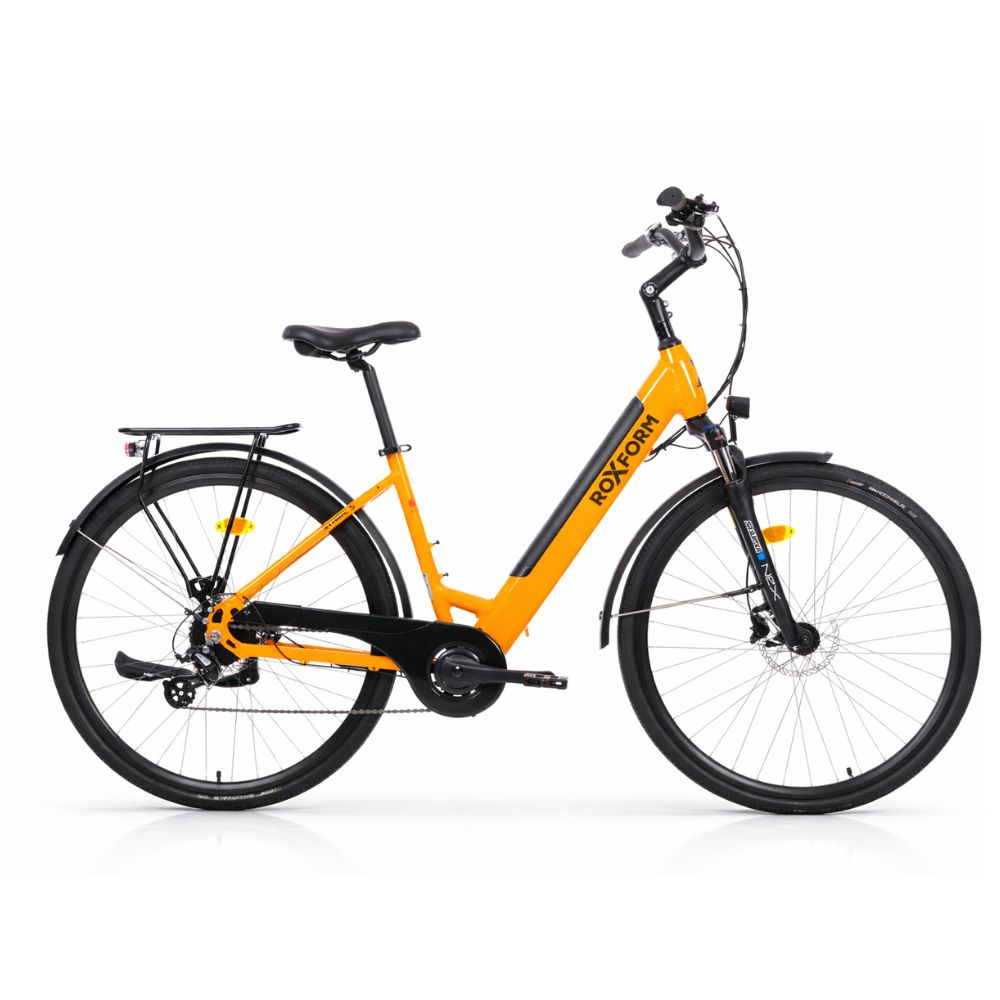 Roxform Stride S Orange electric bicycle with black accents on a white background