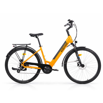Roxform Stride S Orange electric bicycle with black accents on a white background