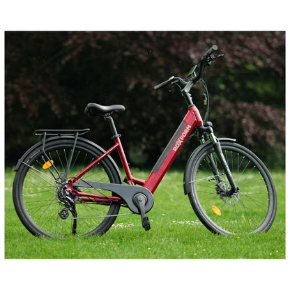 Roxform_Stride_S_e-bike_red_side_view on grass with blurred background