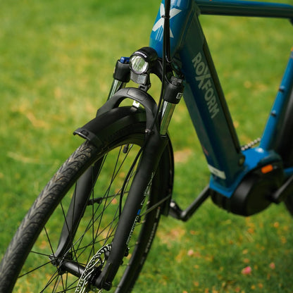 Roxform Valor L e-bike front_light_and_suspension_fork on a grassy background
