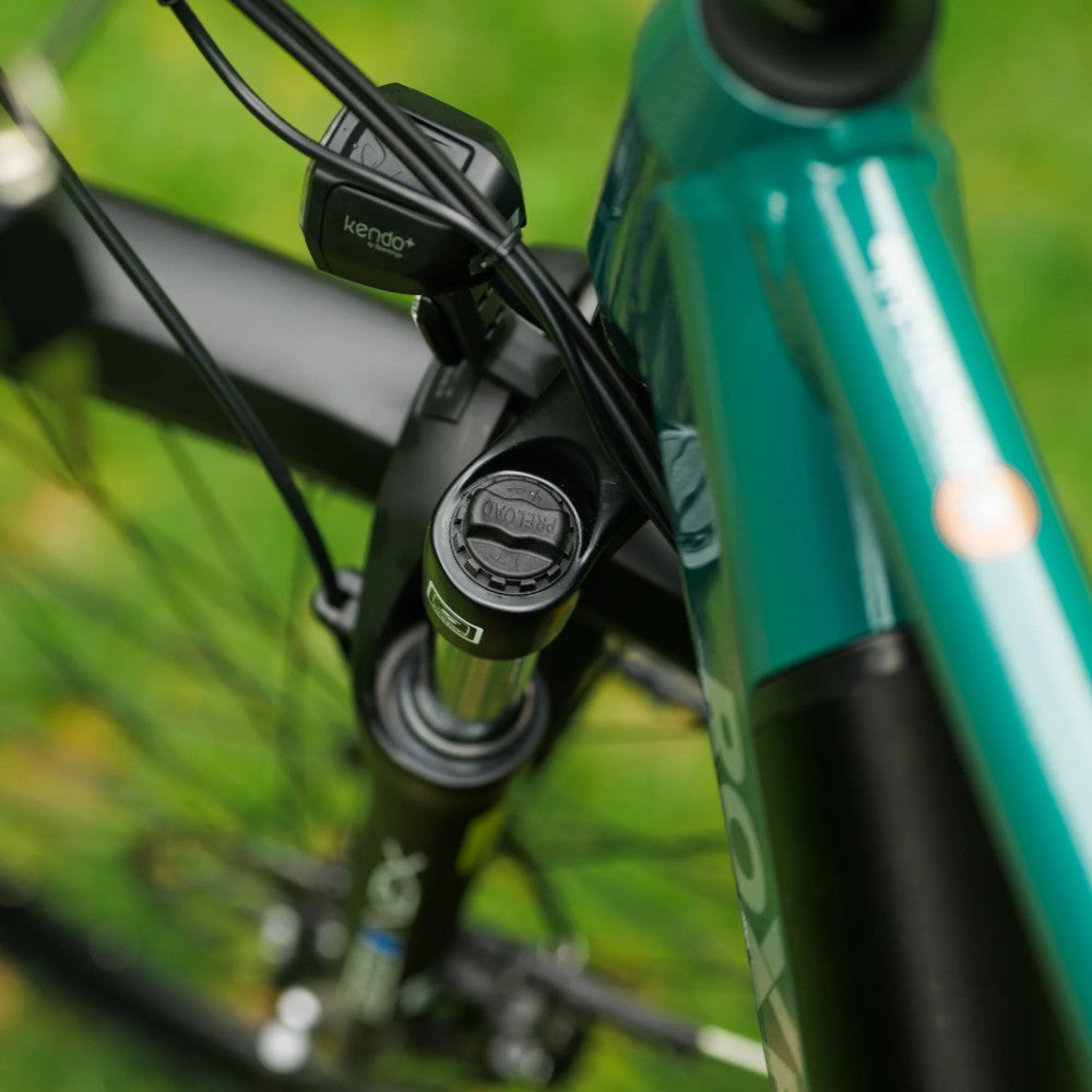Roxform Valor S e-bike front suspension on a blurred green background