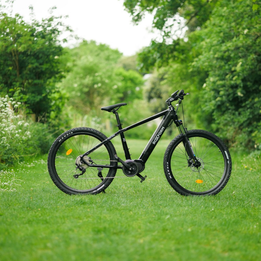 Roxform Venturis eMTB black on a grassy area with greenery in the background