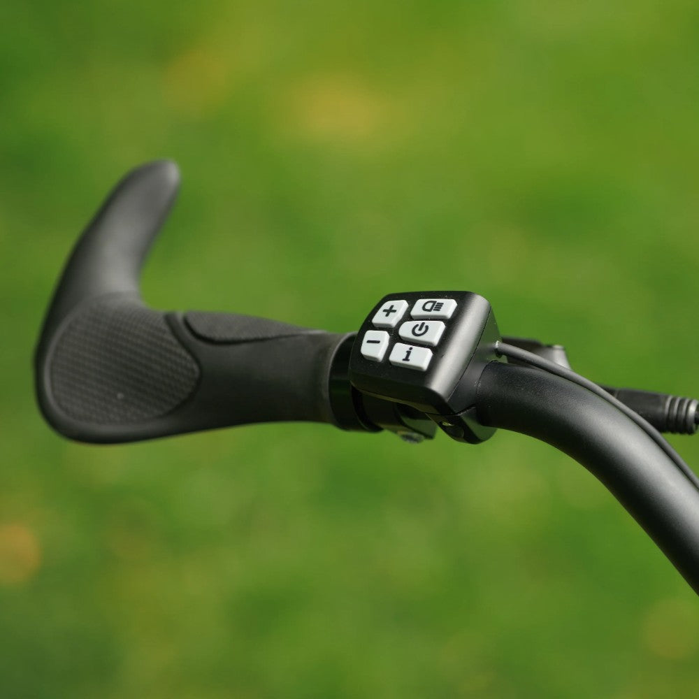 Roxform Venturis eMTB controller Close-up on handleba against a blurred green background