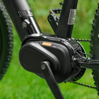 Roxform Venturis eMTB mid Bafang crank motor Close-up with a blurred green background