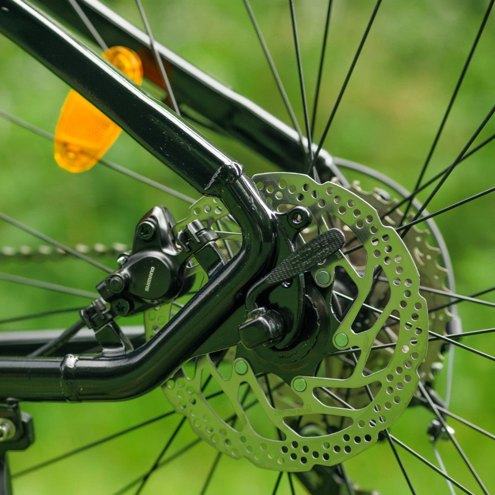 Roxform Venturis eMTB rear disk brakes Close-up against a blurred green background