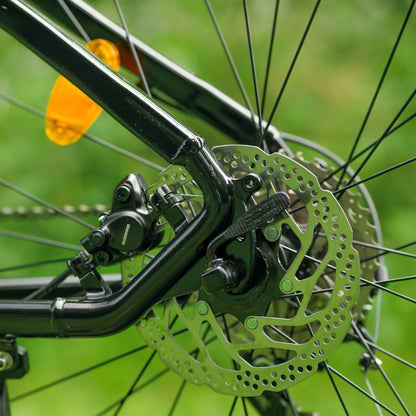 Roxform Venturis eMTB rear disk brakes Close-up against a blurred green background