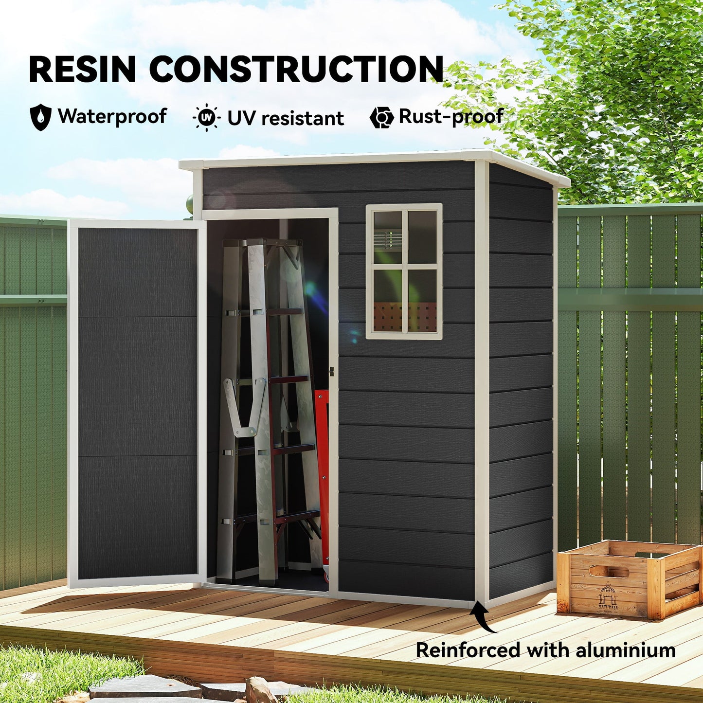 Outsunny 5' x 3' Garden Shed with Floor, Outdoor Storage Shed with Lockable Door, Window and Vent, Black